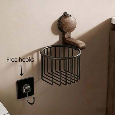 1个纸巾架（含挂钩）——主体采用北美黑胡桃木制成，搭配黑色金属（太空铝）配件，呈现出复古而高端的质感。它适合各种家居风格，例如复古风和侘寂风。采用旋转吸盘设计。