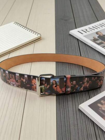 1pc Retro Brand The Last Supper Painting Print Men's Belt, Vintage PU Leather The Last Supper Graphic, Suitable For All Seasons