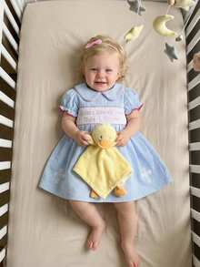 Little Girls Easter Dress Summer Short Sleeve Doll Collar Letter Cross Embroidery A-Line Dress - Màu xanh lam - Xem 4