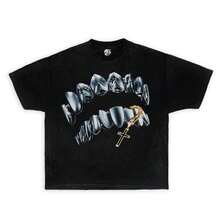 Oversized Streetwear-Style T-Shirt With Crisscrossing Grillz, Y2K Style, Opium Print T-Shirt, Graphic Tees, Oversized T-Shirts, Grillz, Chain T-Shirt, For Kids - 黑色 - 查看 1