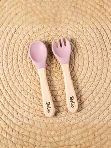 Personalized Wooden And Silicone Cutlery For Babies - Birth Gift Ideas - Professional Laser Engraving First Name Patterns - Multicolor - View 5