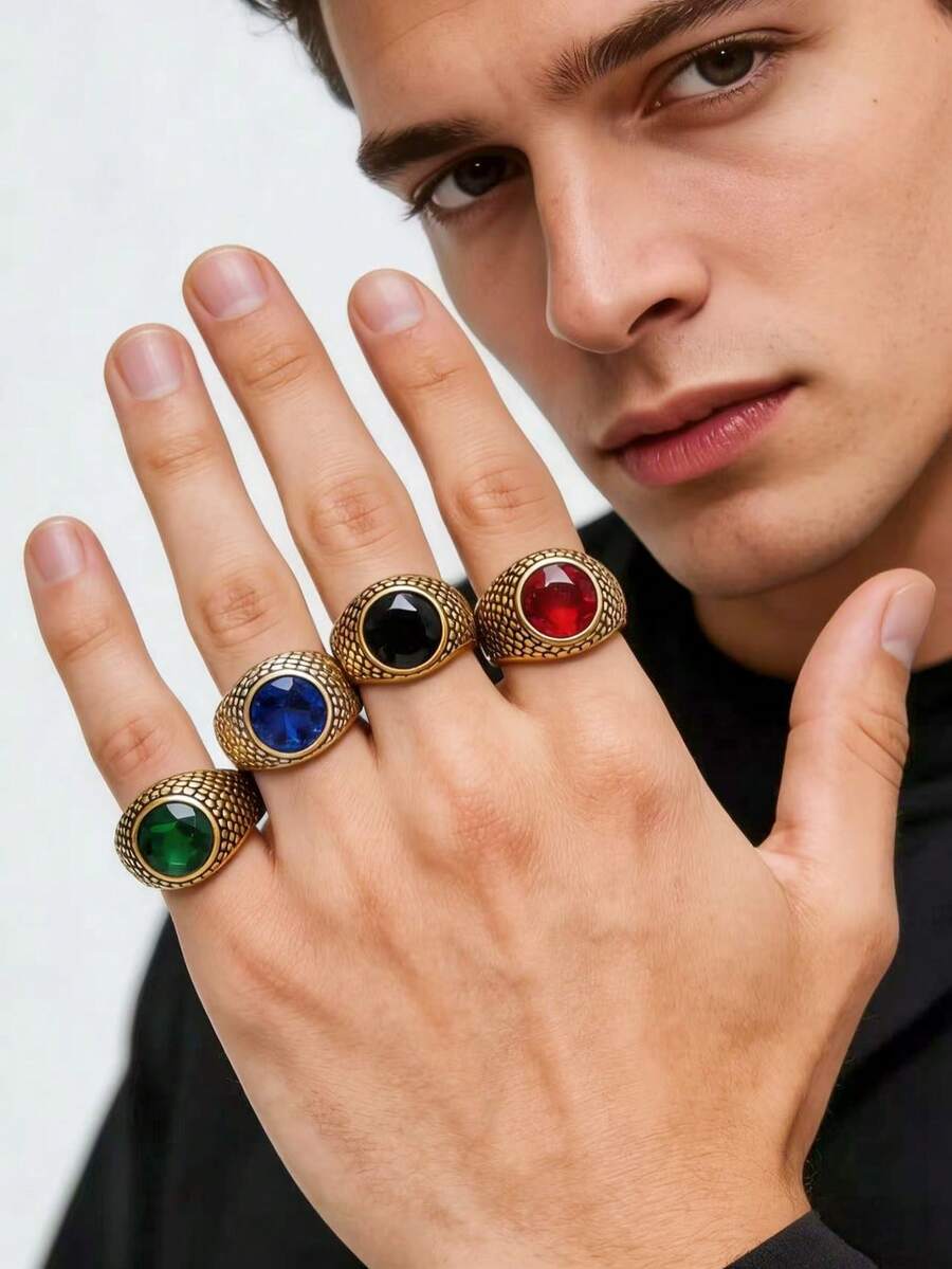 1枚复古风格金色锆石圆点男士戒指，316不锈钢材质，18K真空镀层，防水，防褪色，低过敏性，适合休闲、商务、晚宴等场合佩戴。 - 金色 - 查看 1