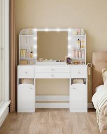 HaluPeit Vanity Desk With HD Mirror And Led Light, Makeup Vanity With Power Strip, 42.5'' Large Tabletop, Dressing Table With 4 Drawers, 2 Open Storage Cabinets, With Jewelry Storage, White - 白色 - 查看 6