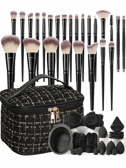 46 piezas Juego de brochas de maquillaje, que incluye: 25 brochas de maquillaje + 1 bolsa de almacenamiento + 1 diadema + 1 herramienta de limpieza de brochas + 2 muñequeras + 4 esponjas de maquillaje + 4 borlas de polvo triangulares + 4 mini esponjas de maquillaje + 4 borlas de polvo triangulares, juego completo adecuado para principiantes, conveniente para viajar, también un gran regalo