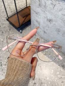 1pc Women's Metal Cat Eye Rhinestone Bling Bling Vintage Daily Commute Streetwear Fashion Accessory Clear Lens Glasses - Multicolor - View 10