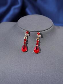 4pcs Crown Headpiece Set, Elegant & Luxurious Rhinestone Queen Crown Necklace Earrings Bridal Wedding Accessories - Red - View 6