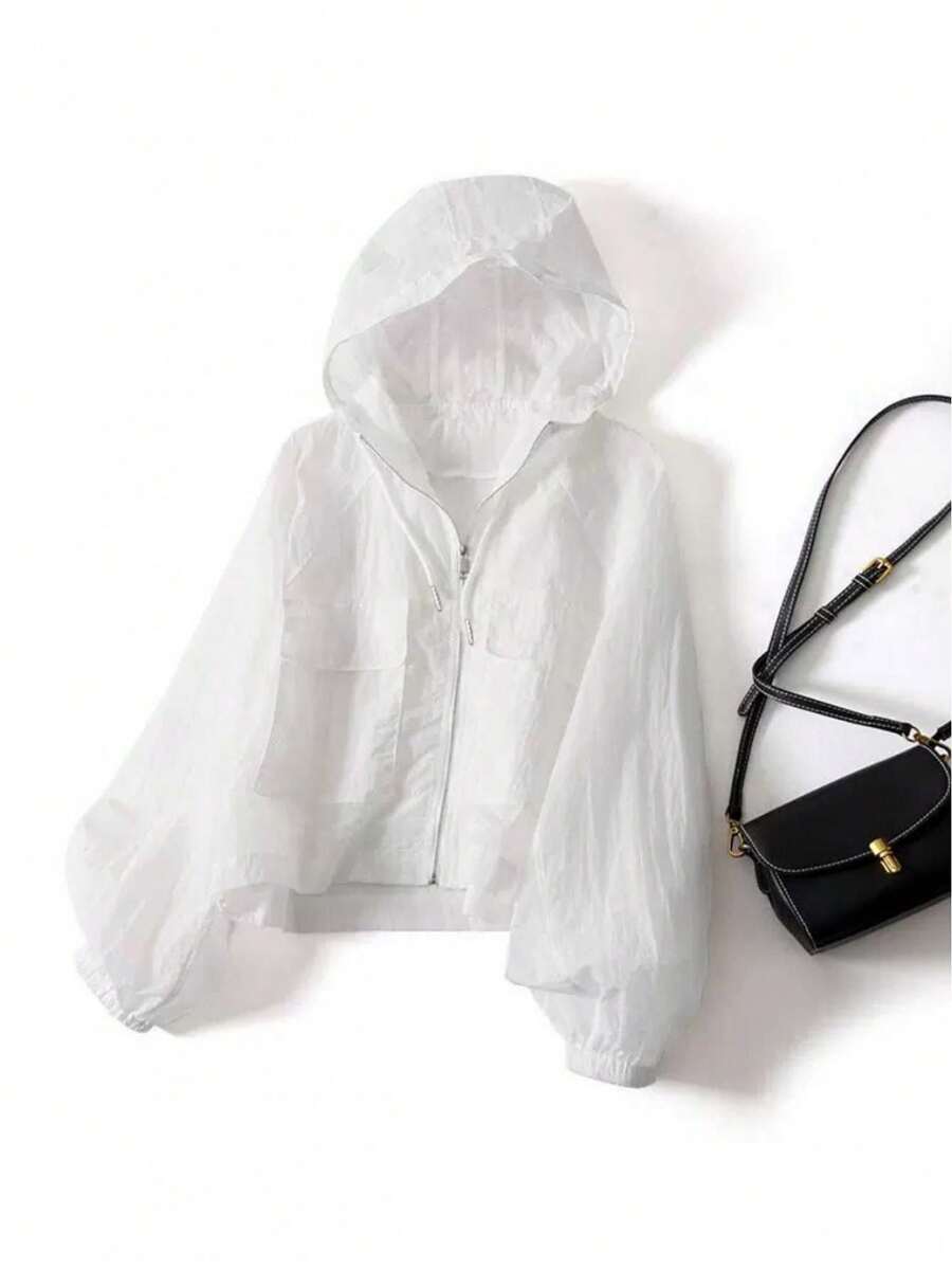 Women's Hooded Long Sleeve Sun Shirt, Zip Front Pocket Loose Fit Jacket, Solid Color Casual Lightweight Summer Coat For Outdoor Vacation - 白色 - 查看 1