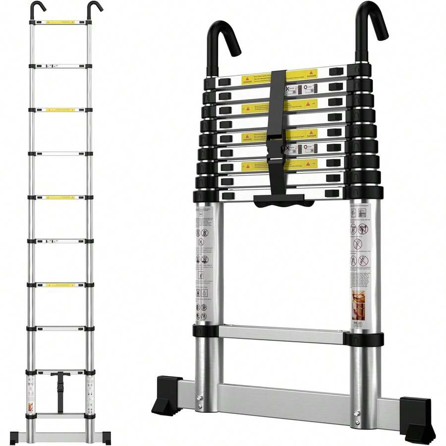 Telescopic Ladder 4.1M Aluminium Extension Extendable Loft Ladder With Stabilizer Bar And Detachable Hooks, Portable Folding Ladders - 2.9M/9.5FT - View 1