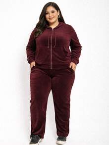 Pietra Plus Size Fleece Set, Autumn/Winter Collection, Women's Fashion, Super Versatile - Burgundy - View 1