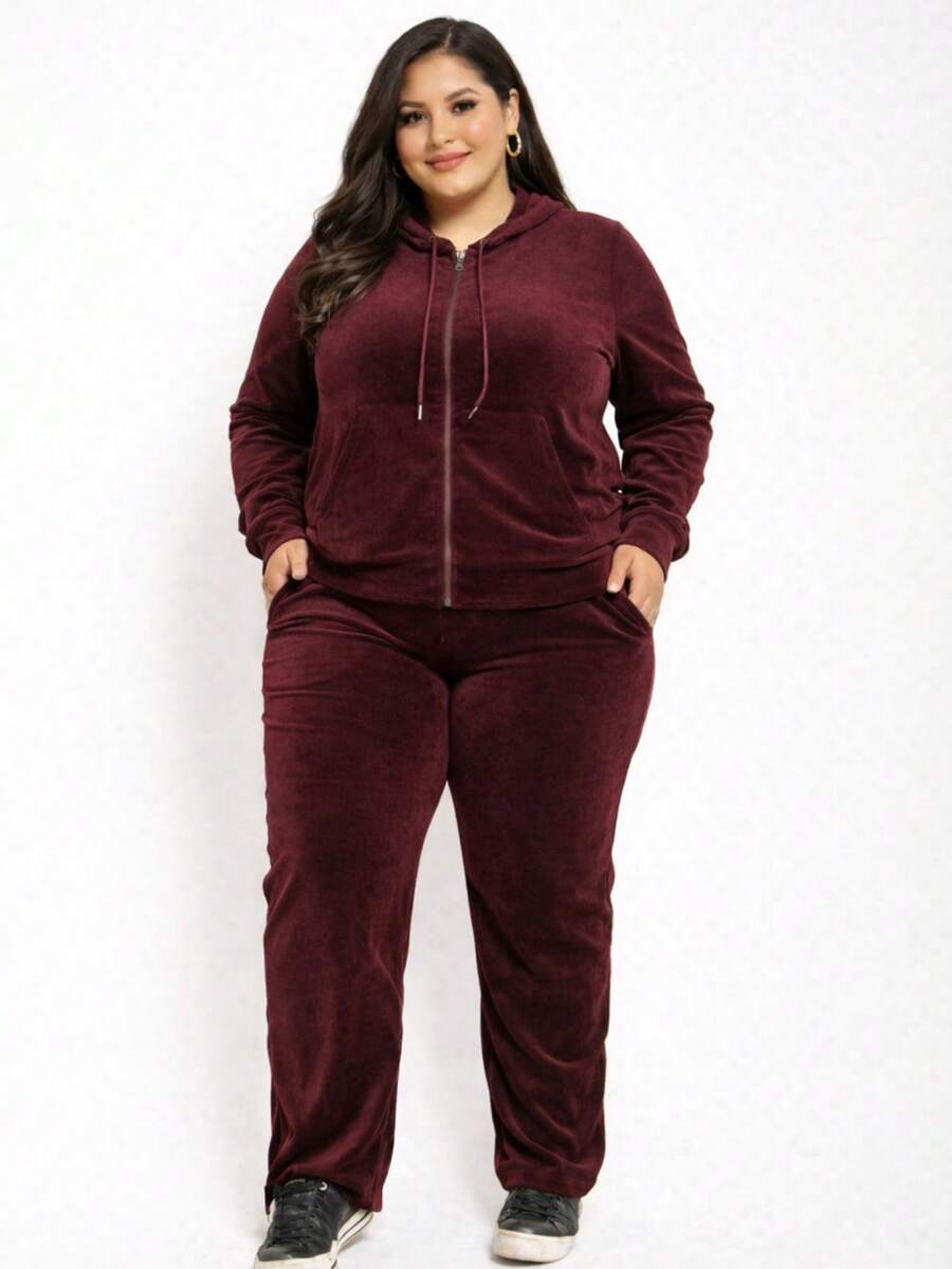 Pietra Plus Size Fleece Set, Autumn/Winter Collection, Women's Fashion, Super Versatile - Burgundy - View 1