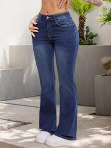 Pantalones vaqueros de mujer con bolsillo delantero y abotonado, estilo casual sencillo, campana para uso diario, Jeans acampanados elásticos, ajustados y versátiles para mujer - Azul - Ver 5