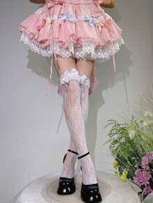 1 Pair Women's Spring/Summer Hollow Heart Net Stockings With Pearl Bow Over-The-Knee Thigh High Socks - White - View 2