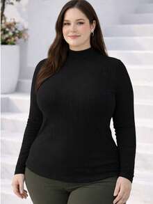 Women's Plus Size Long Sleeve Blouse With Medium High Ribbed Neck, Premium Comfortable Viscose - màu đen - Xem 4