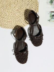 1 Pair New Fashion Elegant Woven Bow Knot Breathable Lightweight Comfortable Soft Non-Slip Flat Hollow-Out Sandals For Big Kids Girls, Suitable For Indoor/Outdoor, Party, All Seasons - Coffee Brown - View 10