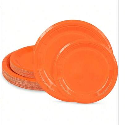 5个橙色圆形甜点/蛋糕盘，包含7英寸和9英寸两种尺寸，派对用品大包装，结实耐用的橙色派对餐盘，适用于生日、婚礼、迎婴派对、性别揭晓派对等场合。