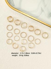 18件套简约金属光滑指节戒指，优雅设计，女士适用 - 金色 - 查看 3