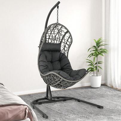  COSTWAY Egg Chair With Stand, PE Rattan Swing Hammock Chair W/ Pillow & Cushion, Indoor/Outdoor Hanging Chair W/ Hanging Accessories For Living Room, Bedroom, Patio & Poolside, Grey