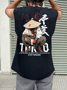 FRACTYR Men's Casual Sleeveless T-Shirt, Minimalist Figure Print, Summer Sports Style Vest - Black - View 2