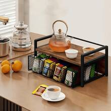 1pc Space Saving Kitchen Countertop Storage Rack With Drawers And Mesh Baskets, Coffee Pod, Tea Bag Organizer, Wood Tea Organizers And Storage Chest, Teabag Holder With Storage Drawer, Tea Station Chest Display Container Box For Countertop Kitchen - Brown - View 6