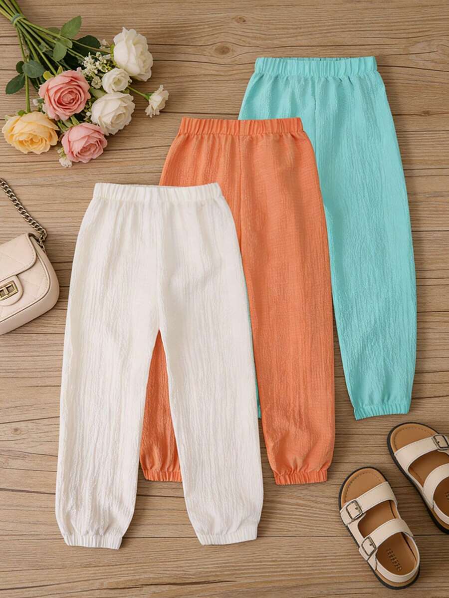 3pcs Girls' Solid Color Bubble Hem Pants, Soft & Comfortable Minimalist All-Match Versatile, Suitable For Spring, Summer, Autumn - Multicolor - View 1