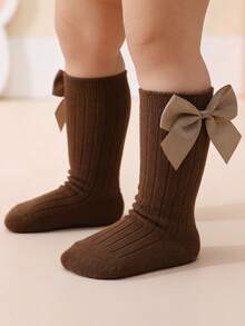 3 Pairs Baby Girls' Sweet Cute Bow Decor Ribbed Knee High Socks - Multicolor - View 3