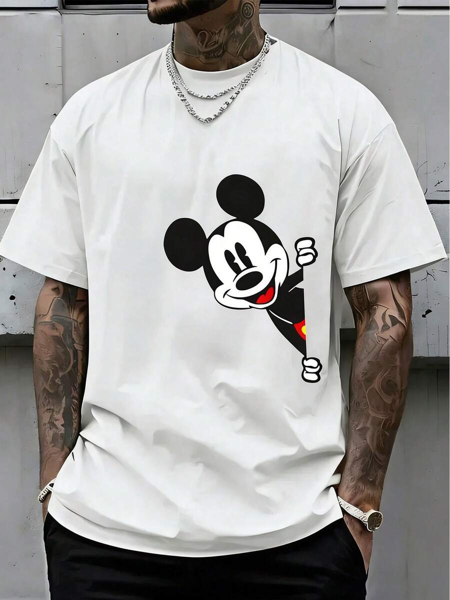 Disney Officially Licensed Mickey Mouse Peeking Graphic 220g 100% Cotton T-Shirt, Unisex Regular Fit Casual Streetwear - 白色 - 查看 1