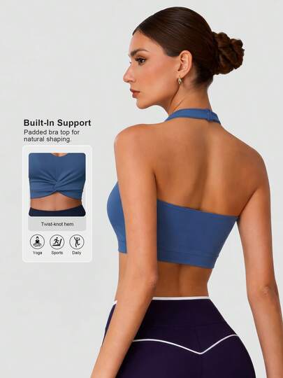 Sodalemon Women's Fitness Elastic Sports Bra With Pads, Spaghetti Strap, Outdoor Sports Wear, Solid Color Vest-Style Gym Workout Sports Bra