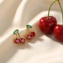 Sweet Red  Cherry Leaf Stud Earrings For Women Cute Crystal Fruit Earring Fashion Daily Wear Party Jewelry Gift Aesthetic YVOO - ER24Y0543 - 查看 6