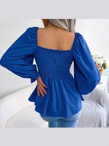 Long-Sleeved Chiffon Blouse With Ruffles And Square Neckline | Casual Style, New Spring/Summer Collection - 藍色 - 查看 6