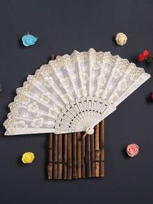 White Hand Fan With Gold Foil Sakura Print, Suitable For Home Use - Multicolor - View 2