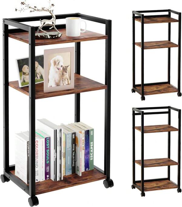 VELI Mesa Auxiliar de 3 Niveles, 45x35x99.5cm, Mesa Auxiliar con Ruedas, Mesa para Sala Moderna, Pequeño Mesa de Noche de Organización con Estante para Cocina Dormitorio y Office (Rústico)