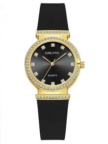 1pc Luxury Sparkling Women's Quartz Watch, Round Dial With Diamond-Encrusted Bezel, Gold-Plated Alloy Case, Elegant Minimalist Style, Perfect For Modern Casual Outfits - Black - View 7