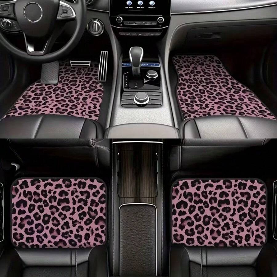 4 Peças de Tapetes de Chão para Carro com Estampa de Leopardo Rosa, Duráveis, Decoração de Interior de Carro Estilosa, Adequado para Todos os Interiores de Carros. - Multicolorido - Visão 1