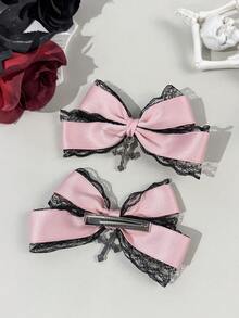 2 piezas Accesorios para el cabello con cinta de encaje estilo gótico, adecuados para disfraces de fiesta y uso diario para entusiastas del estilo gótico, con pinzas de garra - Rosa - Ver 3