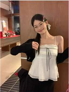 極簡性感風蕾絲細肩帶白色女款背心上衣，可拆卸肩帶，內搭或外穿，性感辣妹休閒夏季上衣 - 白色 - 查看 8