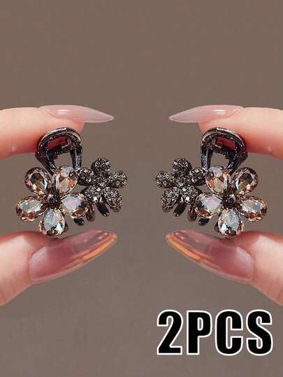 2个合金水钻水晶花朵发夹，优雅奢华发饰，浪漫迷人的小发夹，适合盘发、通勤和派对，时尚发夹，夏季沙滩爪夹，度假发夹，旅行必备