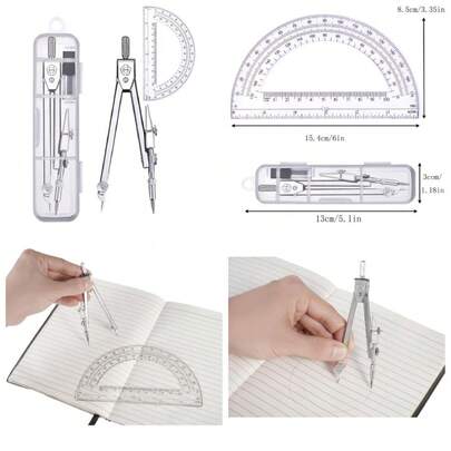 Juego de compás y transportador de geometría de plata, herramientas de dibujo escolar con regla de metal y sacapuntas