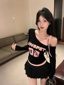 Asymmetric Collar Color Block Long Sleeve T-Shirt, Sweet & Sexy Girl Print Fitted Blouse For Women, Spring/Summer Black - Black - View 8