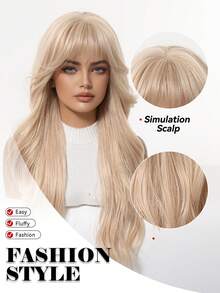 24英寸金色长卷发假发，带刘海，女士合成假发，时尚百搭，适合日常佩戴、派对、角色扮演、度假、家庭聚会、母亲节礼物、开斋节礼物、返校礼物、女孩礼物、夏季毕业礼物、万圣节和圣诞节礼物。 - 金色 - 查看 9