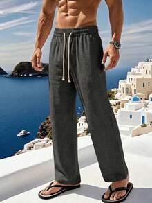 男士黑色亚麻质感抽绳直筒裤，柔软透气，面料如亚麻般舒适，适合休闲、度假、夏季及日常通勤，尽显老钱风范。 - 黑色 - 查看 2