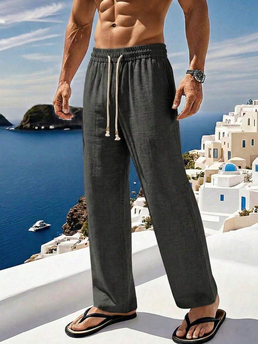 1pc Men's Apricot Linen-Feel Drawstring Straight Leg Pants, Soft & Comfortable Linen-Like Fabric, Casual For Vacation & Daily Commute, Old Money Style - Black - View 1