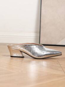 春夏时尚简约百搭尖头深V穆勒鞋粗跟不对称套脚度假优雅舒适派对/通勤金属PU皮革女士银色高跟露跟性感高跟鞋 - 銀色 - 查看 5