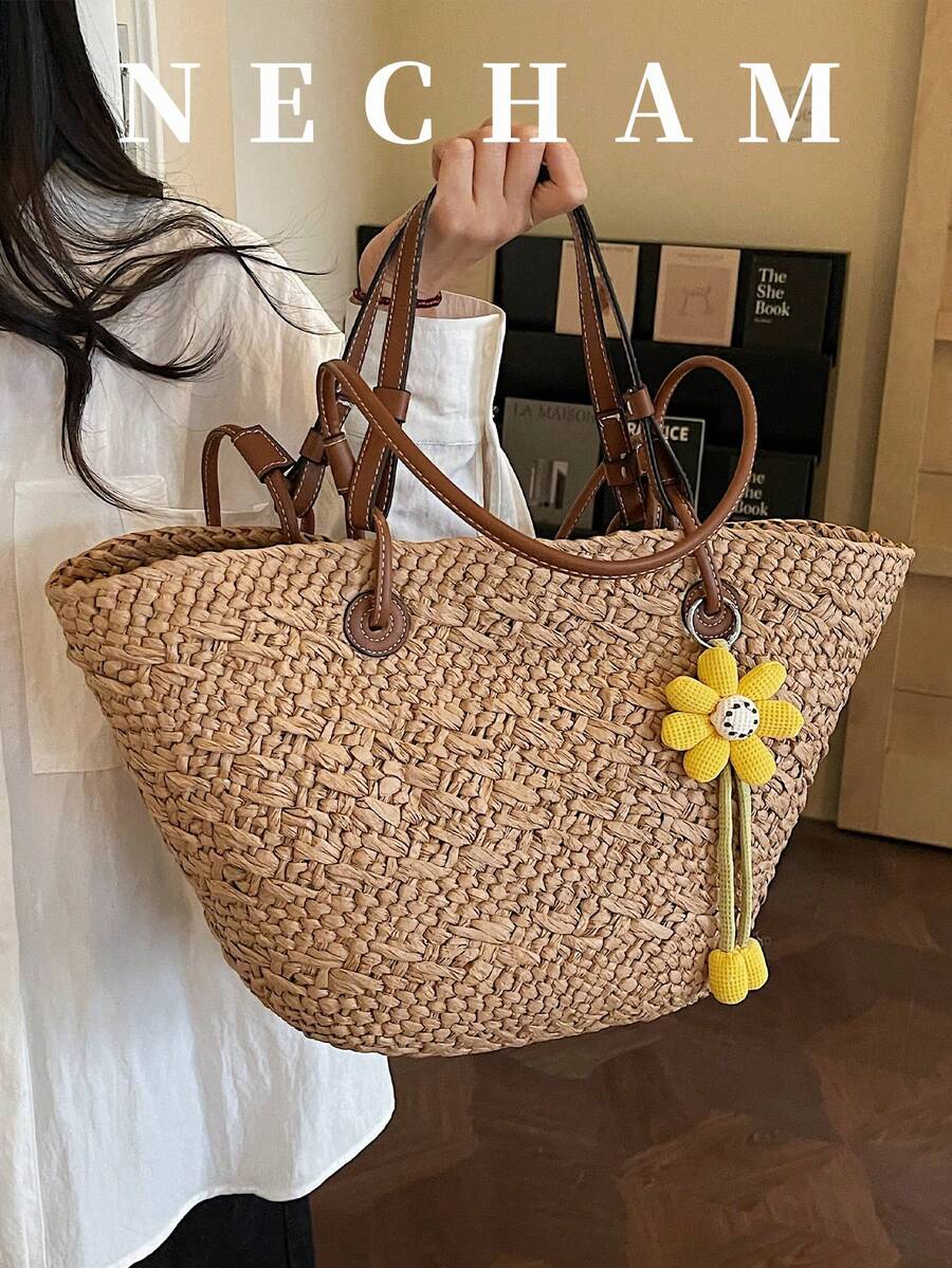1 chiếc túi tote du lịch biển cỡ lớn có móc treo, kiểu dáng thường ngày, túi đeo vai tiện dụng cho kỳ nghỉ. - màu nâu - Xem 1