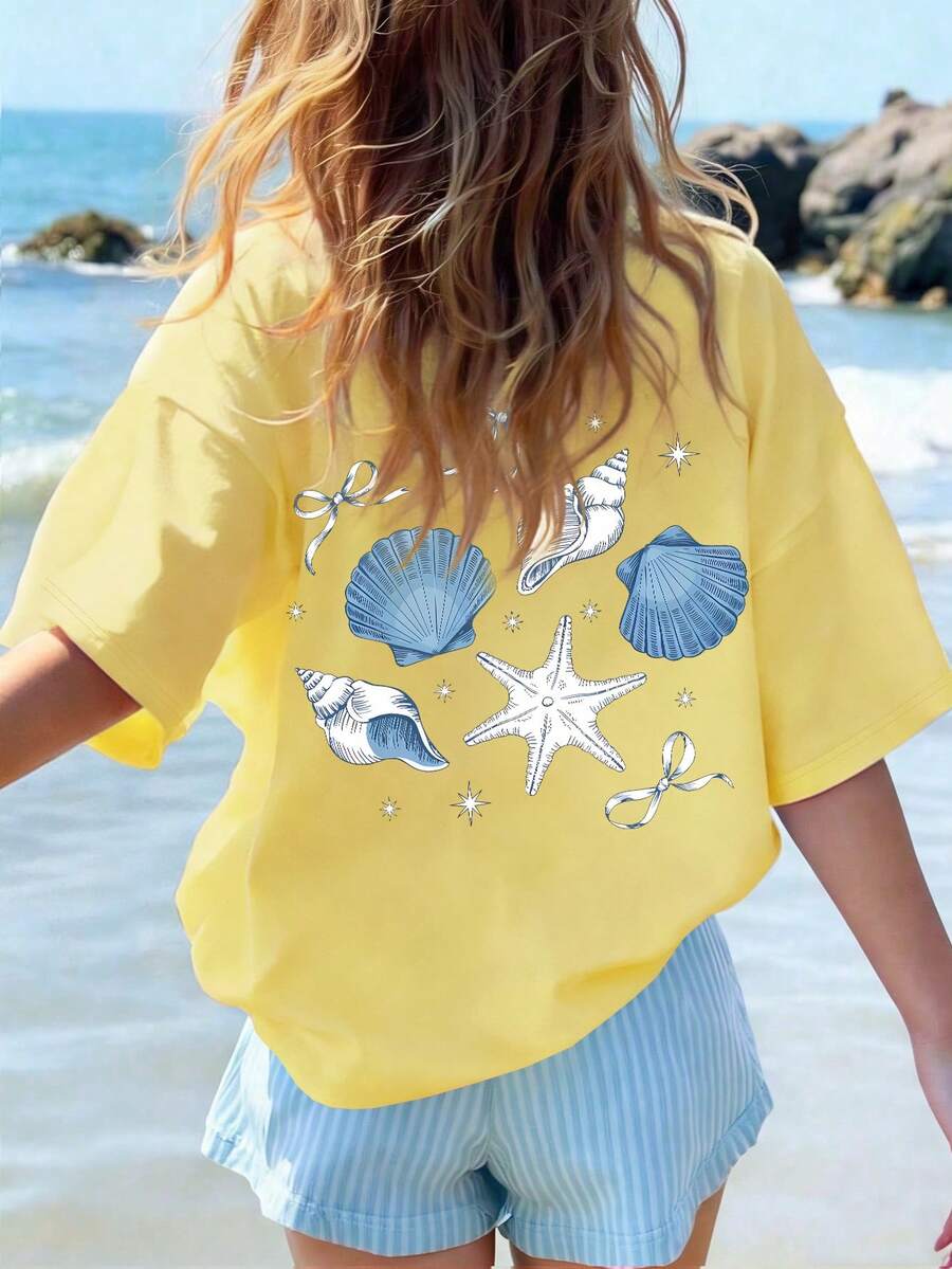 Girls' Loose Graphic T-Shirt, Hand-Painted Shell & Starfish Pattern, Bow Decor, Casual Oversized Fit, Suitable For Beach Vacation, Back To School, Summer Wear - Yellow - View 1