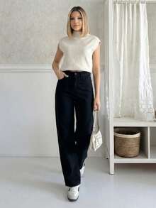 Women's High Waist Wide Leg Linen Pants, Solid Color With Pockets, Zipper And Button Closure, Casual Wear - Black - View 1