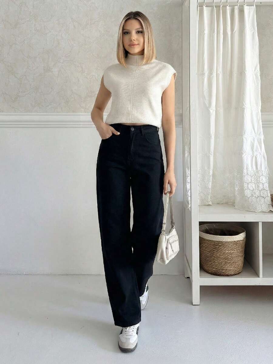 Women's High Waist Wide Leg Linen Pants, Solid Color With Pockets, Zipper And Button Closure, Casual Wear - Black - View 1