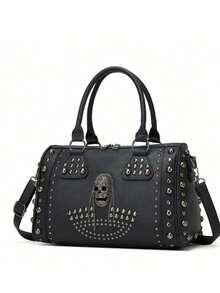Borsa Boston da donna in stile punk con teschio e borchie, borsa a tracolla dallo stile unico e dark da biker - nero - Visualizzare 1