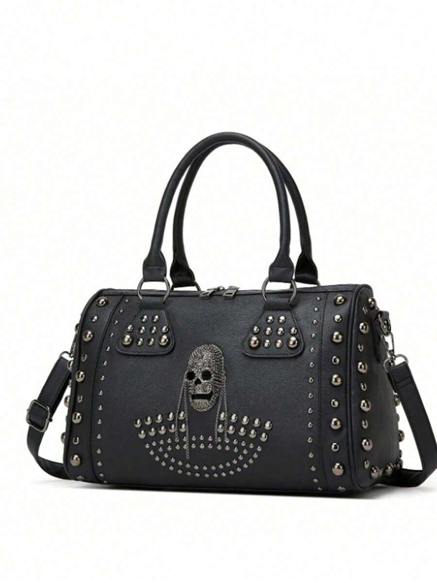 Borsa Boston da donna in stile punk con teschio e borchie, borsa a tracolla dallo stile unico e dark da biker - nero - Visualizzare 1
