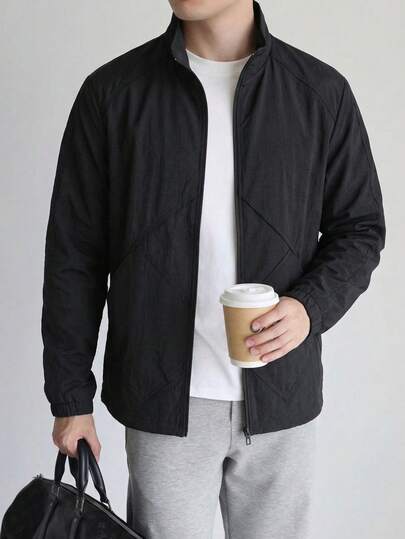 1pc Men's Black Pleated Textured Stand Collar Jacket, Mesh Lining, Breathable Comfortable Lightweight, Urban Minimalist Vintage Style Casual Outerwear, Suitable For Daily Commute And Casual Outdoor