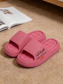 Unisex Thick-Sole Slide Sandals – Minimalist Letter Print Design, One-Piece EVA Soft Non-Slip Shock-Absorbing Sole, Quilted Texture Cloud-Like Comfort, Dual-Use For Home & Outdoor Wear, Fashion Slide Slipper Item - Hồng đỏ - Xem 7